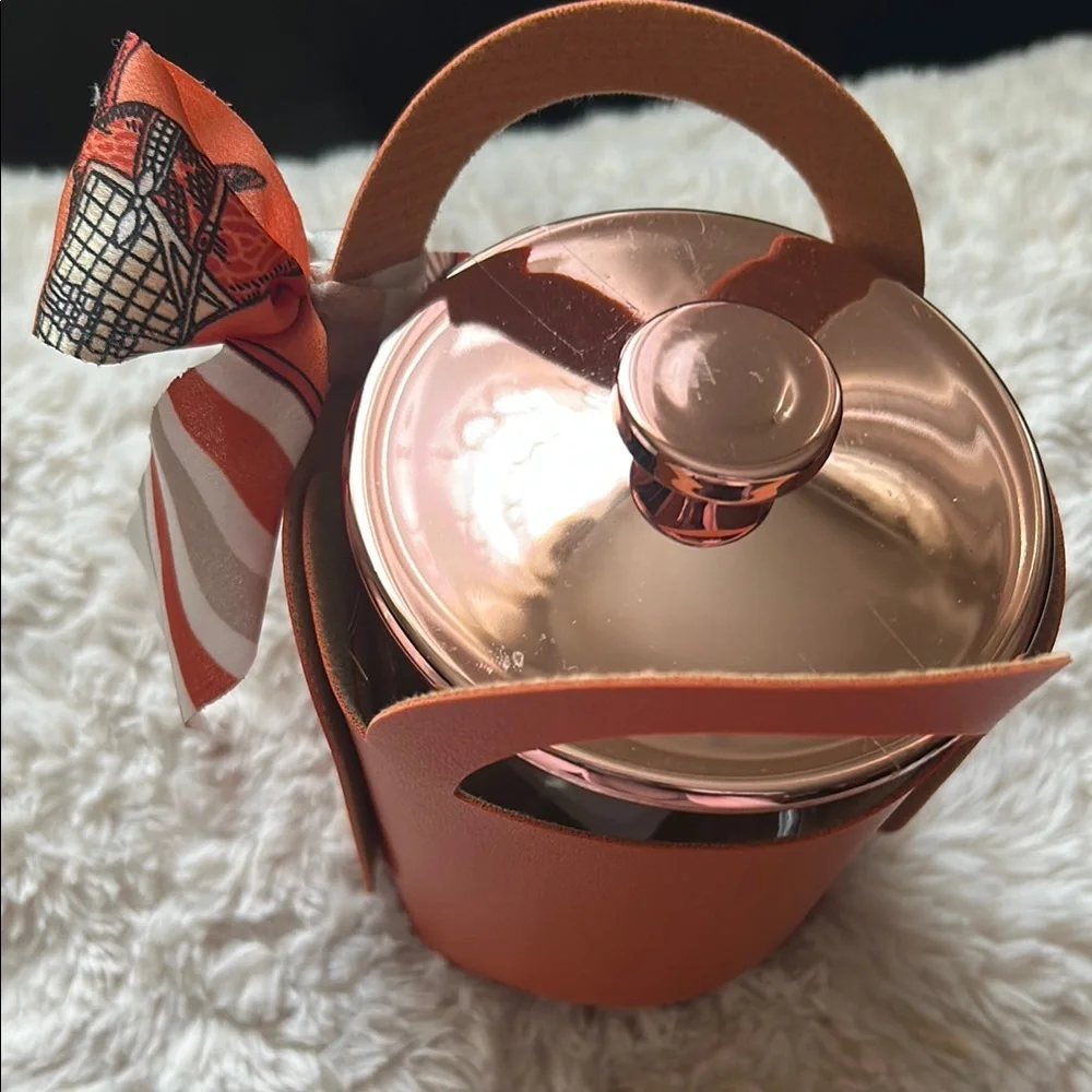 Beach House Bathroom Decor. Beauty storage case.Orange Leather Handled Glass Jar